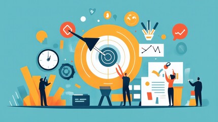 Fototapete - A vibrant workspace illustration featuring a target schedule, charts,