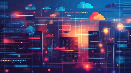 Leinwandbilder - Abstract illustration of a data center with servers, clouds, and connections, representing digital infrastructure and the flow of information.