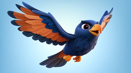 Poster - Cute Cartoon Bird Flying Against a Blue Sky.