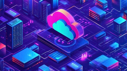 Aufkleber - A 3D rendering of a cloud computing concept with servers and data centers in a futuristic setting.