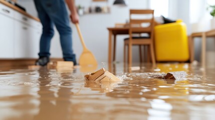 A man cautiously navigates through a flooded kitchen, with objects floating around him as natural light filters through, adding an urgency to the calm setting.