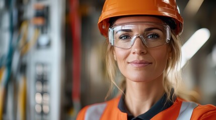 A confident female engineer stands in an industrial facility, representing leadership and technical knowledge necessary for managing complex engineering systems.