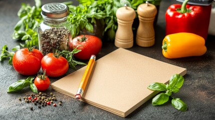 Wall Mural - Fresh ingredients for healthy meals. Recipe notepad, vegetables, and spices on a dark background.