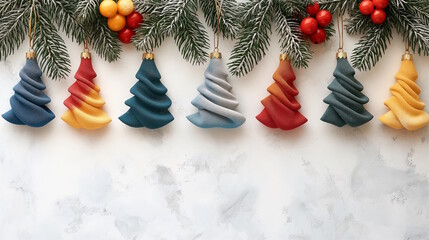 Wall Mural - Colorful Christmas tree ornaments hanging on snowy pine branches, concept of minimalistic festive decoration. Ideal for holiday cards and seasonal design