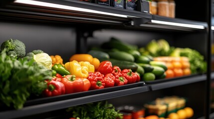 An eye-catching assortment of colorful peppers and zucchini, reflecting their vibrant freshness and appeal on a well-organized grocery market shelf.