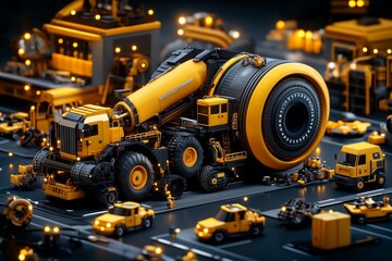 3D digital illustration of industrial machinery, with detailed textures and lighting showing a factory floor filled with working machines