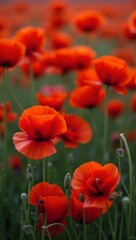 Vibrant red poppies in a lush green field striking and dynamic floral background