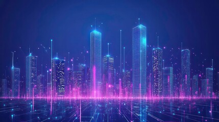 Fototapete - A futuristic city skyline with glowing neon lights and digital network connections.