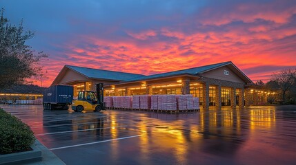 Warehouse at sunset with reflections on wet pavement.