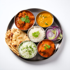 Wall Mural - Thali curry rice food platter isolated white background