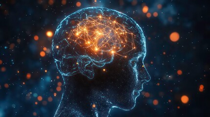 Aufkleber - A digital illustration of a human brain with glowing neural connections.