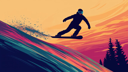 Wall Mural - snowboarder on a ski slope, jumping on ski resort, perfect ski resort, minimalist flat illustration, vector art poster, ski poster, Ultra-high resolution