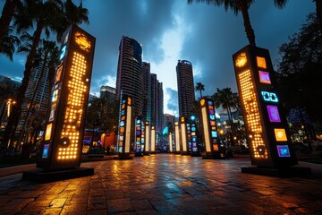 Cyberpunk celebration of caregivers, with digital screens displaying thank-you messages in a neon-lit cityscape