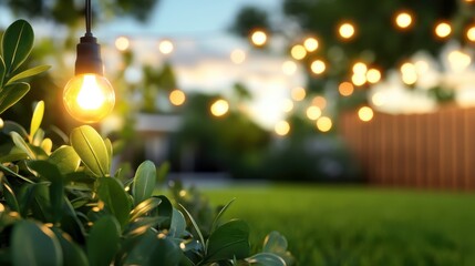 A delightful garden adorned with hanging lights casting an evening glow, offering a magical and enchanting outdoor atmosphere perfect for gatherings and reflection.