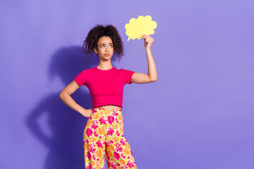 Canvas Print - Photo of doubtful unsure woman wear pink top holding looking speaking cloud empty space isolated violet color background