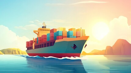 A large cargo ship sails across the ocean with a full load of colorful containers under a bright, sunny sky.