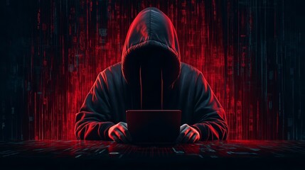 Fototapete - Hooded hacker working at a computer, symbolizing cyber threats, digital crime, and the anonymity of the online underground world, Gerneative AI