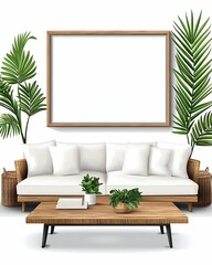 Sticker - Modern living room design with cozy sofa stylish coffee table and lush green plants in a bright atmosphere