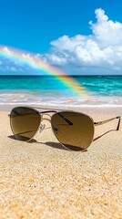 Wall Mural - enjoying a sunny beach day with stylish sunglasses under a vibrant rainbow over clear waters