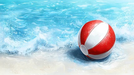 Wall Mural - a colorful beach ball rolling on the shoreline as gentle waves crash along the sandy beach under a b