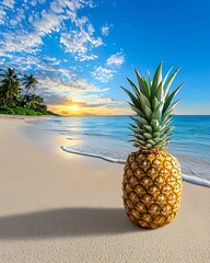 Wall Mural - a vibrant pineapple on a serene beach during sunset a tropical paradise scene evoking calmness and r