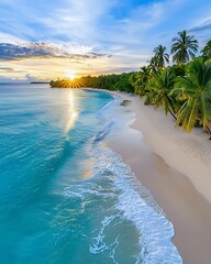 Wall Mural - breathtaking sunset over tranquil beach with lush palm trees and crystal clear water perfect for nat