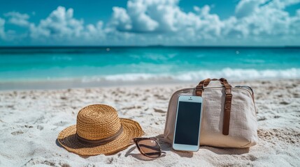 A picture showing the idea of a summer vacation: a travel bag, beach stuff, and a smartphone on a beautiful sandy beach with the ocean in the background.