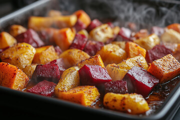 A flavorful baking tray filled with roasted vegetables steaming in the kitchen