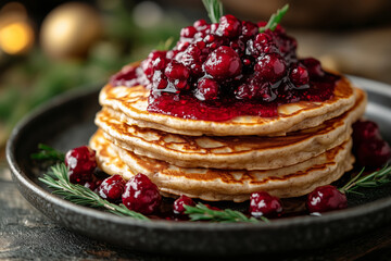 Delicious savory buckwheat pancakes topped with mixed berry compote and greenery