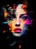A stunning female visage crafted from geometric shapes, intertwined with urban features and vivid hues. The composition emphasizes the face, showcasing hyper-realistic pop art style
