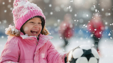 Joyful Young Caucasian Girl Playing with a Soccer Ball in the Snow During Winter. Concept of Childhood Fun, Outdoor Play, Winter Activities