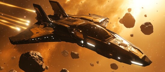 Wall Mural - A sleek, black and gold spaceship flies through an asteroid field, with a bright orange star in the background.