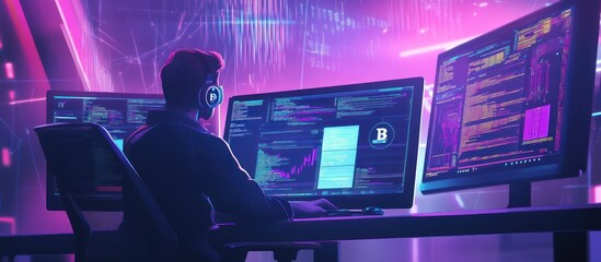 A young programmer working on a project with multiple screens in a futuristic office space.