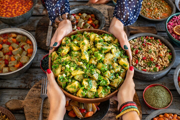 Hands of two women holding their meal plate named potato salad , patates salatası 
