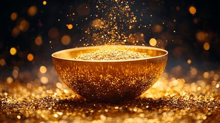 Canvas Print - Golden glitter falling into a bowl on a bed of glitter.