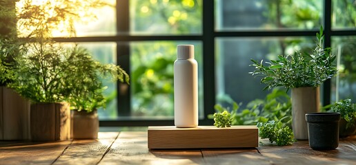 Canvas Print - A white bottle mockup on a wooden table, surrounded by plants, with sunlight streaming through a window.