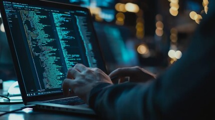 Programmer coding on a laptop, focused intently on the screen in a modern workspace