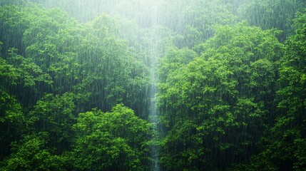 Refreshing rain creates small waterfalls cascading down the vibrant green forest landscape