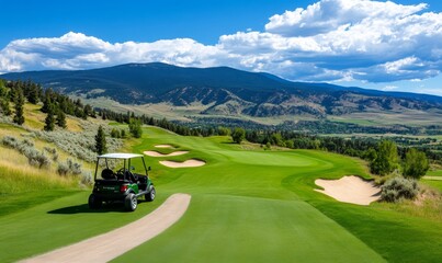 Golf cart on golf course at country club tourist resort. Healthy people golfer enjoy outdoor lifestyle leisure activity travel nature and play golf sport on summer holiday vacation.