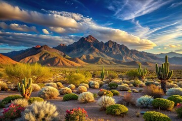 Scenic landscape with mountains, desert, and flora in focus