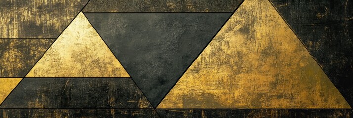 Leinwandbilder - The artwork features asymmetrical triangular shapes against a textured background, showcasing a bold blend of gold and black tones. Generative AI