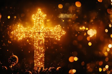 Wall Mural - an illuminated cross shining brightly, surrounded by glowing bokeh lights, symbolizing hope and fait