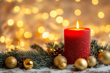 Wall Mural - a red christmas candle burning brightly amidst festive decorations, with warm, soft bokeh lights in 