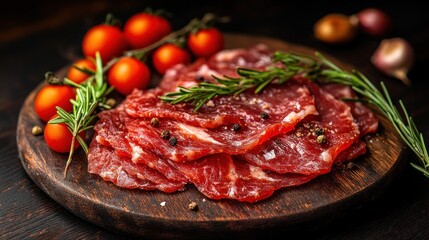 Raw beef slices on a wooden board with rosemary and cherry tomatoes.