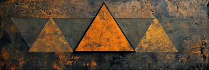 Poster - Triangular shapes in varying sizes are placed asymmetrically on a textured surface, highlighting rich earthy colors and an artistic design. Generative AI