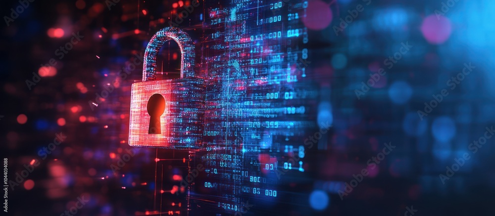 A glowing red padlock stands out against a background of blue binary ...
