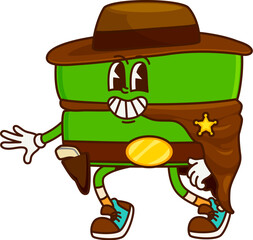 Poster - Cartoon groovy cowboy, sheriff, equation math symbol character. Isolated vector retro personage adorned in western gear wrangling equations and ensuring arithmetic justice at the mathematical frontier