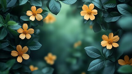 Wall Mural - A lush green background with yellow flowers blooming in the foreground.