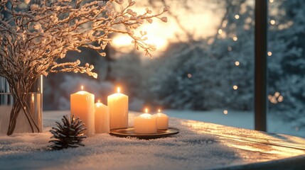 Wall Mural - serene winter holiday scene with lit candles snowy branches