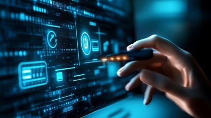 Advanced touch interface with glowing blue futuristic digital icons display
